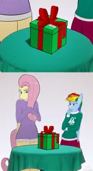 Size: 3000x5521 | Tagged: safe, artist:fluffyorbiter, derpibooru import, fluttershy, rainbow dash, anthro, pegasus, box, clothes, comic, drapes, female, flutterdash, height difference, image, lesbian, png, present, shipping, size difference, smoldash, sweater, sweatershy, table, tallershy, thinking