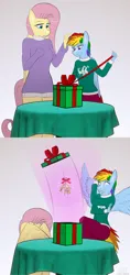 Size: 3000x6372 | Tagged: safe, artist:fluffyorbiter, derpibooru import, fluttershy, rainbow dash, anthro, pegasus, box, clothes, comic, covering, drapes, female, flutterdash, height difference, image, lesbian, mistletoe, png, present, pulling, scared, scaredy dash, shipping, size difference, smoldash, spread wings, sweater, sweatershy, table, tallershy, wing covering, wings