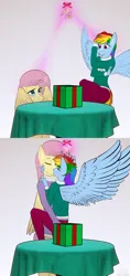 Size: 3000x6370 | Tagged: safe, artist:fluffyorbiter, derpibooru import, fluttershy, rainbow dash, anthro, pegasus, box, clothes, comic, covering, drapes, female, flutterdash, height difference, image, kiss on the lips, lesbian, mistletoe, png, present, scaredy dash, shipping, size difference, smoldash, spread wings, sweater, sweatershy, table, tallershy, wing covering, wings