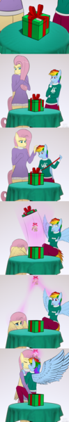 Size: 3000x18264 | Tagged: safe, artist:fluffyorbiter, derpibooru import, fluttershy, rainbow dash, anthro, pegasus, box, clothes, comic, covering, drapes, eyes closed, female, flutterdash, height difference, image, kiss on the lips, kissing, lesbian, mistletoe, png, present, scared, scaredy dash, shipping, size difference, smoldash, spread wings, sweater, sweatershy, table, tallershy, thinking, wing covering, wings