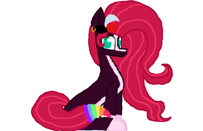 Size: 700x453 | Tagged: safe, artist:princessmoonlight, derpibooru import, oc, oc:painted lilly, unofficial characters only, cute, dc comics, ear piercing, harley quinn, image, looking at you, multicolored mane, multicolored tail, nonbinary, piercing, png, sitting, smiling, tail, wavy mane