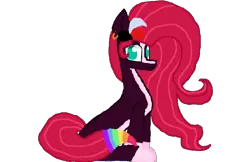 Size: 700x453 | Tagged: safe, artist:princessmoonlight, derpibooru import, oc, oc:painted lilly, unofficial characters only, cute, dc comics, ear piercing, harley quinn, image, looking at you, multicolored mane, multicolored tail, nonbinary, piercing, png, sitting, smiling, tail, wavy mane