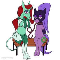 Size: 3000x3000 | Tagged: safe, artist:stoopedhooy, derpibooru import, oc, oc:dwarf truffle, oc:little chance, earth pony, pony, unicorn, derpibooru community collaboration, 2023 community collab, cutie mark, derpibooru exclusive, digital art, duo, duo male, hood, image, male, png, poker face, ponytail, restrained, simple background, smiling, transparent background