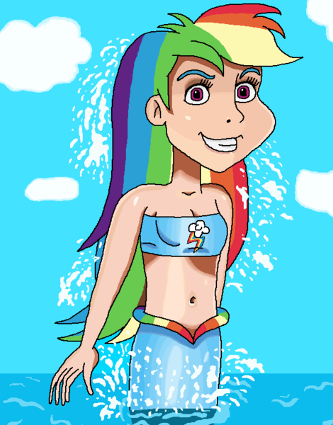 Size: 608x776 | Tagged: safe, artist:ocean lover, derpibooru import, rainbow dash, human, mermaid, 20% cooler, awesome, awesome face, bandeau, bare shoulders, belly button, clothes, cloud, confident, cutie mark, cutie mark on clothes, female, grin, human coloration, humanized, image, jumping, long hair, looking at you, magenta eyes, mermaidized, midriff, ms paint, multicolored hair, ocean, png, rainbow hair, shiny skin, sky, sleeveless, smiling, smiling at you, solo, species swap, splash, tomboy, water