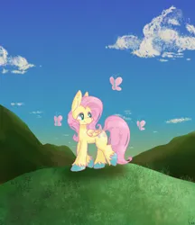Size: 1000x1157 | Tagged: safe, artist:pagophasia, derpibooru import, fluttershy, butterfly, insect, pegasus, pony, cloud, colored hooves, daytime, derpibooru exclusive, eye reflection, female, full body, grass, hill, image, impossibly long eyelashes, looking at something, looking back, png, reflection, sky, smiling, solo, unshorn fetlocks, walking, wings