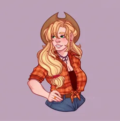 Size: 2609x2630 | Tagged: safe, artist:rubimlp6, derpibooru import, applejack, human, applejack's hat, belt, clothes, cowboy hat, cute, denim, ear piercing, earring, female, flannel, freckles, grin, hat, humanized, image, jackabetes, jeans, jewelry, jpeg, pants, piercing, purple background, ring, shirt, simple background, smiling, solo, stetson, straw in mouth, tanktop, tumblr nose