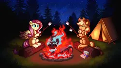 Size: 3840x2160 | Tagged: safe, artist:confetticakez, derpibooru import, applejack, autumn blaze, fluttershy, rarity, earth pony, kirin, nirik, pegasus, pony, unicorn, campfire, camping, eyes closed, fire, food, forest, happy, image, lying down, marshmallow, mundane utility, night, png, prone, rarity is a marshmallow, s'mores, smiling, spread wings, stars, tent, tree, wings