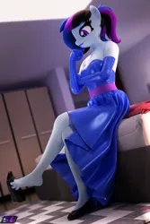 Size: 2560x3840 | Tagged: safe, artist:shadowboltsfm, derpibooru import, oc, oc:maple cake, anthro, plantigrade anthro, 3d, bare shoulders, beautiful, bed, bedroom, blender, breasts, clothes, crossed legs, dress, evening gloves, eyeshadow, feet, female, gloves, high res, image, latex dress, legs, lipstick, long gloves, makeup, not sfm, png, ponytail, shoe dangling, sitting, smiling, solo, strapless dress