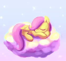 Size: 1110x1024 | Tagged: safe, artist:kukie, derpibooru import, fluttershy, pegasus, pony, cloud, cute, eyes closed, female, filly, filly fluttershy, foal, folded wings, hair over one eye, hooves, image, lying down, on a cloud, png, prone, shyabetes, sky, sleeping, solo, stars, wings, younger