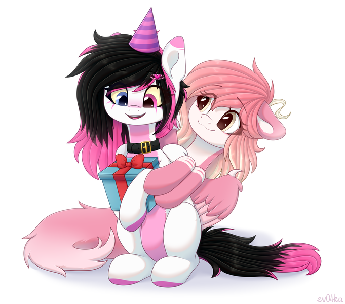 Size: 3675x3240 | Tagged: safe, artist:ev04ka, artist:ev04kaa, derpibooru import, oc, oc:latandra sweetberry, oc:lunylin, unofficial characters only, pegasus, pony, birthday, collar, colored belly, darker belly, female, hat, heterochromia, image, open mouth, party hat, png, present, simple background, white background