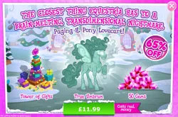 Size: 1957x1291 | Tagged: safe, derpibooru import, rabia, umbrum, advertisement, bauble, costs real money, english, female, gameloft, gem, glow, glowing eyes, image, jpeg, mobile game, my little pony: magic princess, numbers, present, sale, solo, solo focus, spread wings, text, wings