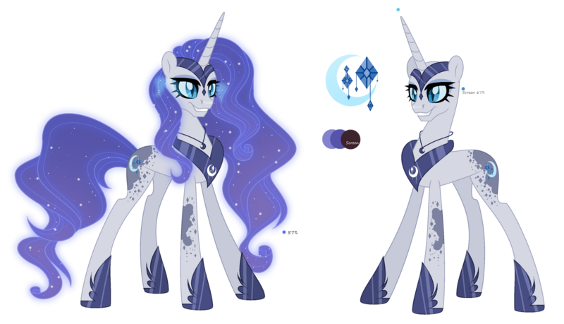 Size: 1280x735 | Tagged: safe, artist:existencecosmos188, derpibooru import, nightmare moon, rarity, pony, unicorn, base used, duo, ethereal mane, eyelashes, female, fusion, grin, hoof shoes, image, mare, peytral, png, smiling, starry mane