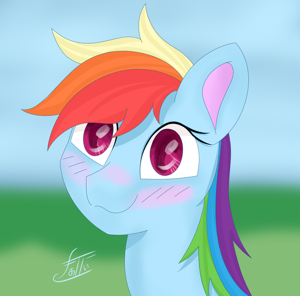 Size: 2560x2527 | Tagged: safe, artist:fa11en, derpibooru import, rainbow dash, pegasus, pony, blushing, grass, grass field, image, png, sky, solo