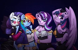 Size: 3123x2000 | Tagged: safe, artist:marthettau, derpibooru import, rainbow dash, rarity, starlight glimmer, twilight sparkle, twilight sparkle (alicorn), alicorn, anthro, pegasus, unicorn, breasts, choker, cleavage, clothes, female, grin, horn, image, png, smiling, sunglasses, wings