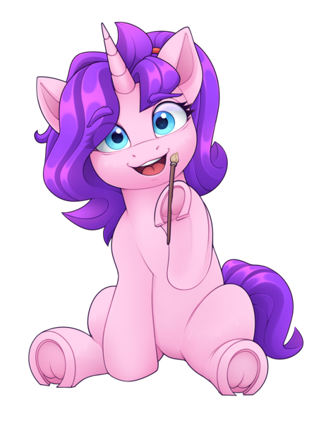 Size: 2300x3100 | Tagged: safe, artist:rivin177, derpibooru import, oc, oc:rivin, pony, unicorn, derpibooru community collaboration, 2023 community collab, blue eyes, brush, holding, hooves, horn, horseshoes, image, open mouth, png, ponytail, raised hoof, simple background, transparent background, underhoof, unicorn oc