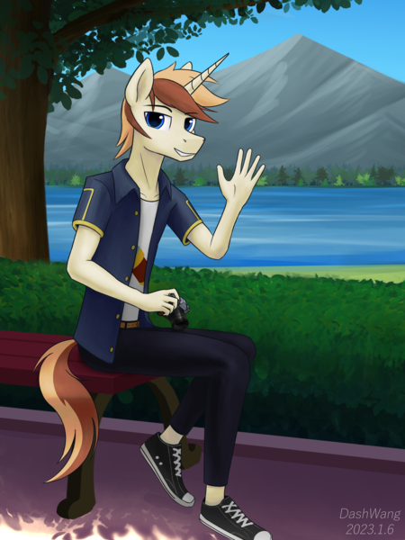 Size: 2250x3000 | Tagged: safe, artist:dash wang, derpibooru import, oc, oc:cream brun, anthro, unicorn, camera, clothes, hand, image, male, png, scenery, shoes