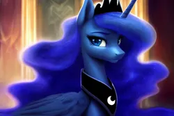 Size: 1920x1280 | Tagged: safe, derpibooru import, editor:dovakkins, machine learning generated, stable diffusion, princess luna, alicorn, pony, beautiful, crown, derpibooru exclusive, ethereal mane, female, image, jewelry, mare, peytral, png, regalia, sad, solo