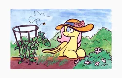 Size: 1920x1237 | Tagged: safe, artist:adamscage, artist:horsewizardart, derpibooru import, fluttershy, bee, insect, pegasus, pony, collaboration, female, flower, hat, head turn, image, jpeg, mare, no pupils, solo, sun hat