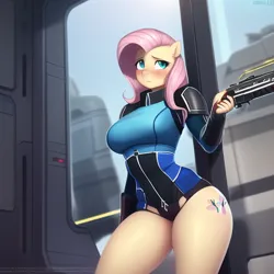 Size: 640x640 | Tagged: safe, derpibooru import, editor:giantpony, machine learning generated, novelai, stable diffusion, fluttershy, anthro, pony, unguligrade anthro, armor, blushing, breasts, busty fluttershy, crossover, curvy, cutie mark, gun, holding gun, image, implied alien race, implied commander shepard, implied wrex, mashup, mass effect, png, space armor, weapon, wide hips