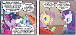 Size: 1334x619 | Tagged: safe, artist:jenna ayoub, derpibooru import, idw, fluttershy, rainbow dash, rarity, twilight sparkle, twilight sparkle (alicorn), alicorn, pegasus, pony, unicorn, spoiler:comic, breaking the fourth wall, clothes, dialogue, dress, female, g4, group, image, jpeg, little fillies, mare, quartet, speech bubble