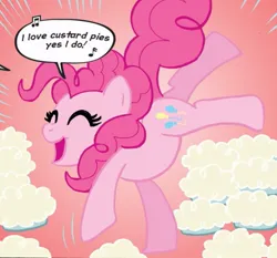 Size: 765x712 | Tagged: safe, artist:carla speed mcneil, derpibooru import, idw, pinkie pie, earth pony, pony, friends forever, spoiler:comic, spoiler:comicff01, dialogue, female, food, g4, image, jpeg, mare, pie, singing, solo, speech bubble