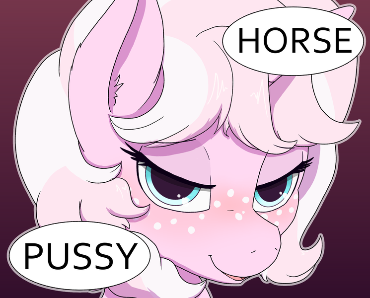 Size: 2393x1926 | Tagged: questionable, artist:marshmallowfluff, derpibooru import, oc, oc:marshmallow fluff, unofficial characters only, pony, unicorn, bedroom eyes, blushing, bust, freckles, horse pussy, image, meme, png, portrait, speech bubble, talking, text, vulgar