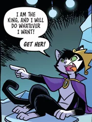 Size: 750x998 | Tagged: safe, artist:tonyfleecs, derpibooru import, idw, abyssinian, anthro, spoiler:comic, spoiler:comic97, dialogue, furry, g4, image, jpeg, king meowmeow, male, season 10, solo, speech bubble