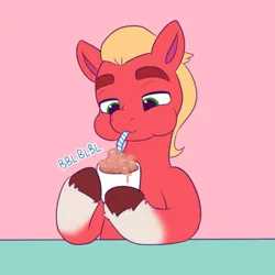 Size: 708x708 | Tagged: safe, artist:malarkey, derpibooru import, sprout cloverleaf, earth pony, pony, blowing bubbles, bubble, chocolate, chocolate milk, drinking straw, food, g5, image, male, milk, png, solo, stallion