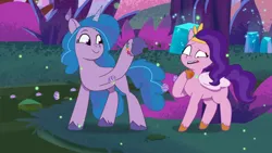 Size: 3072x1727 | Tagged: safe, derpibooru import, screencap, izzy moonbow, pipp petals, pegasus, pony, unicorn, worm, my little pony: tell your tale, spoiler:g5, spoiler:my little pony: tell your tale, spoiler:tyts01e43, bridlewood spog, duo, duo female, female, g5, high res, image, jpeg, mare, open mouth, shrunken pupils, smiling