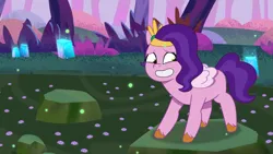 Size: 3072x1727 | Tagged: safe, derpibooru import, screencap, pipp petals, pegasus, pony, worm, my little pony: tell your tale, spoiler:g5, spoiler:my little pony: tell your tale, spoiler:tyts01e43, bridlewood spog, female, g5, grin, high res, image, jpeg, mare, nervous, nervous grin, smiling, solo