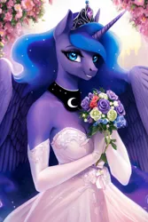 Size: 2816x4224 | Tagged: safe, derpibooru import, edit, editor:epsilonwolf, machine learning assisted, machine learning generated, purplesmart.ai, stable diffusion, princess luna, alicorn, anthro, beautiful, bouquet of flowers, breasts, bride, clothes, collar, crown, cute, day, dress, ethereal mane, eyebrows, eyelashes, eyeshadow, flower, flowing mane, garden, gloves, horn, image, jewelry, looking at you, loving gaze, lunabetes, majestic, makeup, marriage, outdoors, png, reasonably sized breasts, regalia, smiling, smiling at you, solo, spread wings, tiara, wedding, wedding dress, wings