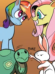 Size: 737x994 | Tagged: safe, artist:andypriceart, derpibooru import, idw, angel bunny, fluttershy, rainbow dash, tank, pegasus, pony, rabbit, tortoise, spoiler:comic, spoiler:guardians of harmony, animal, emanata, female, g4, gradient background, group, image, jpeg, male, mare, onomatopoeia, quartet