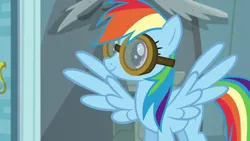 Size: 1280x720 | Tagged: safe, derpibooru import, screencap, rainbow dash, pegasus, pony, newbie dash, season 6, cute, dashabetes, goggles, image, png, smiling, solo, spread wings, standing, wings