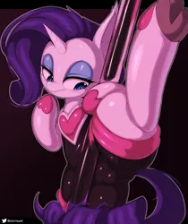 Size: 2100x2500 | Tagged: suggestive, artist:sinrizuki, derpibooru import, rarity, pony, unicorn, clothes, cosplay, costume, female, image, latex, latex suit, png, pole dancing, rouge the bat, solo, sonic the hedgehog (series), stripper pole