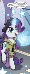 Size: 541x1334 | Tagged: safe, artist:tonyfleecs, derpibooru import, idw, rarity, pony, unicorn, spoiler:comic, spoiler:comic66, beret, clothes, female, g4, glow, glowing horn, hat, horn, image, jpeg, levitation, magic, mare, shirt, solo, telekinesis