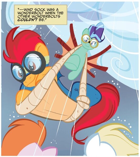 Size: 750x845 | Tagged: safe, artist:nicoletta baldari, derpibooru import, idw, dauntless, unnamed character, unnamed pony, wind sock, earth pony, pegasus, pony, spoiler:comic81, clothes, comic, duo focus, g4, glider, goggles, image, jpeg, male, monologue, stallion, talking, uniform, wonderbolts, wonderbolts uniform