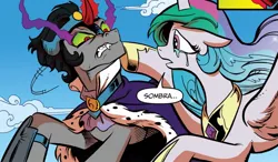Size: 1288x750 | Tagged: safe, artist:andypriceart, derpibooru import, idw, king sombra, princess celestia, alicorn, pony, unicorn, reflections, spoiler:comic, spoiler:comic20, celestibra, colored horn, corrupted, curved horn, dialogue, duo, female, former good king sombra, g4, good king sombra, horn, image, jpeg, male, mare, shipping, sombra eyes, sombra horn, speech bubble, stallion, straight, teary eyes