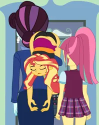 Size: 2570x3247 | Tagged: suggestive, artist:gmaplay, derpibooru import, principal abacus cinch, sunset shimmer, equestria girls, ass, black underwear, bunset shimmer, butt, carrying, clothes, face down ass up, image, panties, png, solo, spanish description, story included, unconscious, underwear