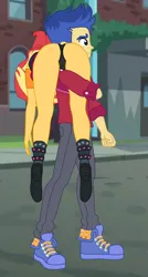 Size: 1928x3595 | Tagged: suggestive, artist:gmaplay, derpibooru import, flash sentry, sunset shimmer, equestria girls, ass, black underwear, bunset shimmer, butt, carrying, clothes, face down ass up, image, over the shoulder, panties, png, solo, spanish description, story included, unconscious, underwear