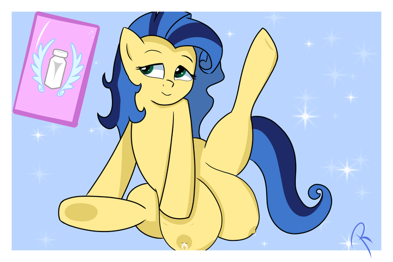 Size: 1500x1000 | Tagged: questionable, artist:reinbou, derpibooru import, oc, oc:milky way, earth pony, pony, big crotchboobs, crotchboobs, cutie mark, huge crotchboobs, image, nudity, png, presenting, simple background, solo