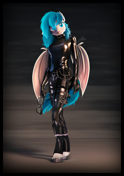 Size: 4000x5656 | Tagged: suggestive, artist:imafutureguitarhero, derpibooru import, oc, oc:xenia amata, unofficial characters only, anthro, bat pony, pegasus, pony, unguligrade anthro, 3d, :p, absurd resolution, bat pony oc, bat wings, belt, belt buckle, blue hair, blue mane, blue tail, boots, border, chains, cheek fluff, chromatic aberration, clothes, collar, colored eyebrows, colored eyelashes, cute, ear fluff, fangs, female, film grain, floppy ears, fluffy, fluffy hair, fluffy mane, fluffy tail, fur, glasses, glasses off, gloves, hoof boots, hoof fluff, image, jpeg, latex, latex boots, latex gloves, latex socks, latex stockings, latex suit, leg strap, mare, ocbetes, one ear down, paintover, pants, pegasus oc, revamped anthros, revamped ponies, shadow, shiny, shoes, shorts, signature, skintight clothes, smiling, socks, solo, source filmmaker, stockings, tail, thigh highs, tongue out, unshorn fetlocks, vertical, wall of tags, wings