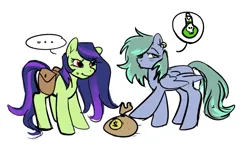 Size: 1280x744 | Tagged: safe, artist:taika403, derpibooru import, oc, oc:adele, oc:dangling flask, unofficial characters only, earth pony, pegasus, pony, bag, cute, ear piercing, image, money, money bag, piercing, png, poison, sweat