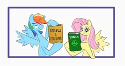 Size: 2222x1184 | Tagged: safe, artist:aragón, derpibooru import, fluttershy, rainbow dash, frog, pegasus, pony, book, duo, duo female, eyebrows, eyebrows visible through hair, female, half body, hoof hold, image, jpeg, ligma, looking at you, pointy nose, raised hoof, simple background, smiley face, smiling, smiling at you, smug, spread wings, white background, wings