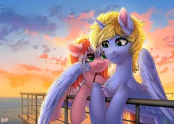 Size: 4100x2923 | Tagged: safe, artist:hakaina, derpibooru import, oc, unofficial characters only, alicorn, earth pony, pegasus, pony, alicorn oc, backlighting, beautiful, cheek fluff, chest fluff, cloud, colored, cute, duo, female, fluffy, height difference, high res, hoof fluff, horn, hug, image, leg fluff, lighting, looking at each other, looking at someone, male, mare, ocbetes, ocean, partially open wings, pegasus oc, png, railing, scenery, shading, signature, sky, slim, stallion, sunset, thin, water, wing fluff, winghug, wings