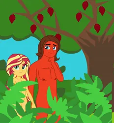 Size: 1500x1614 | Tagged: suggestive, artist:robertsonskywa1, derpibooru import, sunset shimmer, equestria girls, adam and eve, breasts, cleavage, couple, covering, garden of eden, image, jpeg, leaf, leaves, nudity, photo, practitioner of naturism, rodimus, strategically covered, transformers