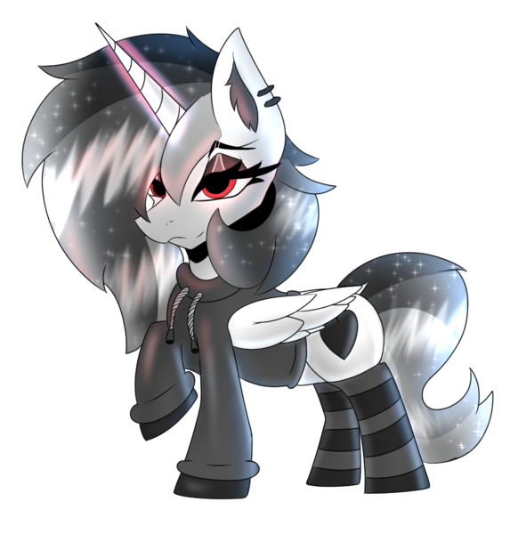 Size: 1000x1016 | Tagged: safe, artist:zadrex, derpibooru import, oc, alicorn, derpibooru community collaboration, 2023 community collab, clothes, cutie mark, ear piercing, heart, hoodie, image, long mane, piercing, png, red eyes, socks, solo, sparkly mane, stockings, thigh highs, wings