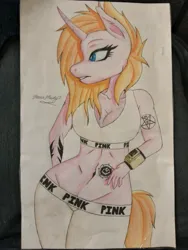 Size: 2448x3264 | Tagged: safe, artist:inm4te-art, derpibooru import, oc, oc:lily, anthro, unicorn, fallout equestria: demoniac, female, hand on hip, image, jpeg, pipbuck, solo, solo female, tattoo