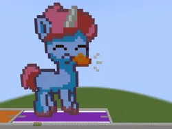 Size: 1280x961 | Tagged: safe, artist:clevercloud2022pl, artist:nitobit, derpibooru import, pony, unicorn, colt, cute, foal, g5, image, kazoo, kazoo (character), male, minecraft, minecraft pixel art, musical instrument, pixel art, playing instrument, png, solo