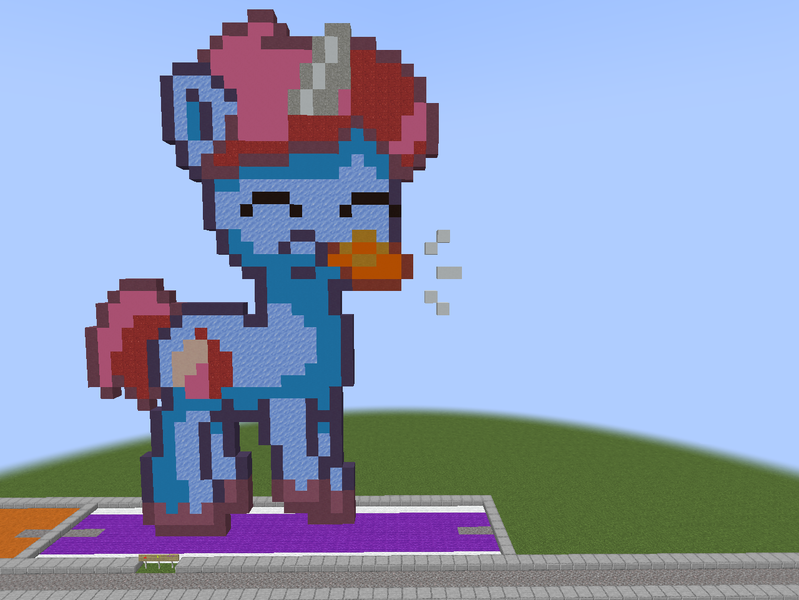 Size: 1280x961 | Tagged: safe, artist:clevercloud2022pl, artist:nitobit, derpibooru import, pony, unicorn, colt, cutie mark, foal, g5, image, kazoo, kazoo (character), male, minecraft, minecraft pixel art, musical instrument, pixel art, playing instrument, png, solo