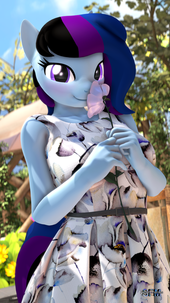 Size: 2160x3840 | Tagged: safe, artist:anthroponiessfm, derpibooru import, oc, oc:maple cake, anthro, 3d, anthro oc, clothes, dress, female, flower, image, looking at you, png, sniffing, source filmmaker